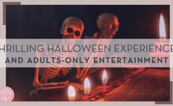 skeletons by flames with words 'thrilling halloween experiences and adults only entertainment'